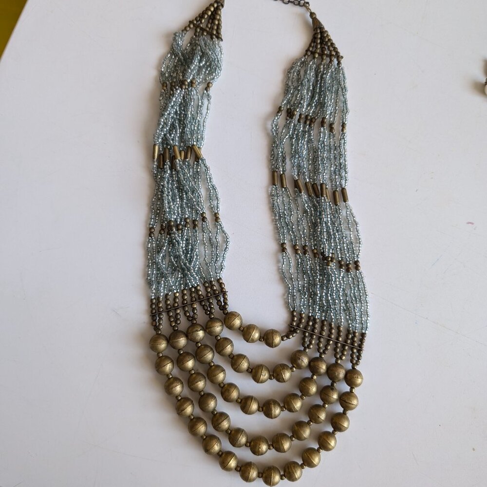 Dark Gold and Light Blue Beaded Layered, Statement Necklace